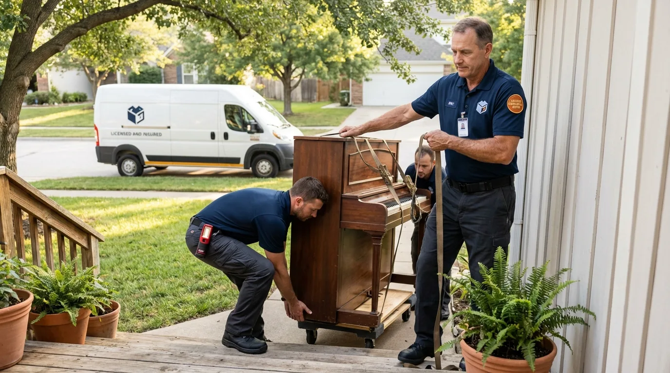 Licensed piano movers securing grand piano in Hackleburg, AL