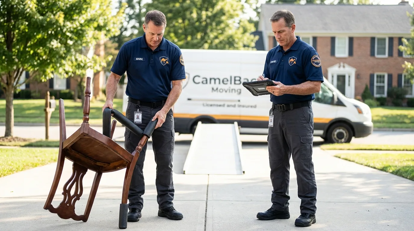 Movers inspecting furniture for damage prevention before loading in Hackleburg, AL