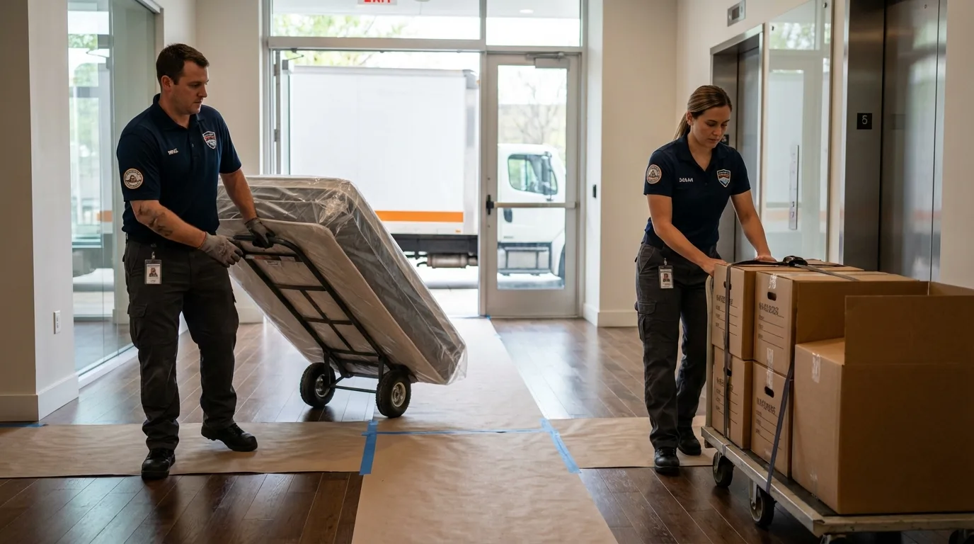 Professional apartment movers loading elevator in Hackleburg, AL